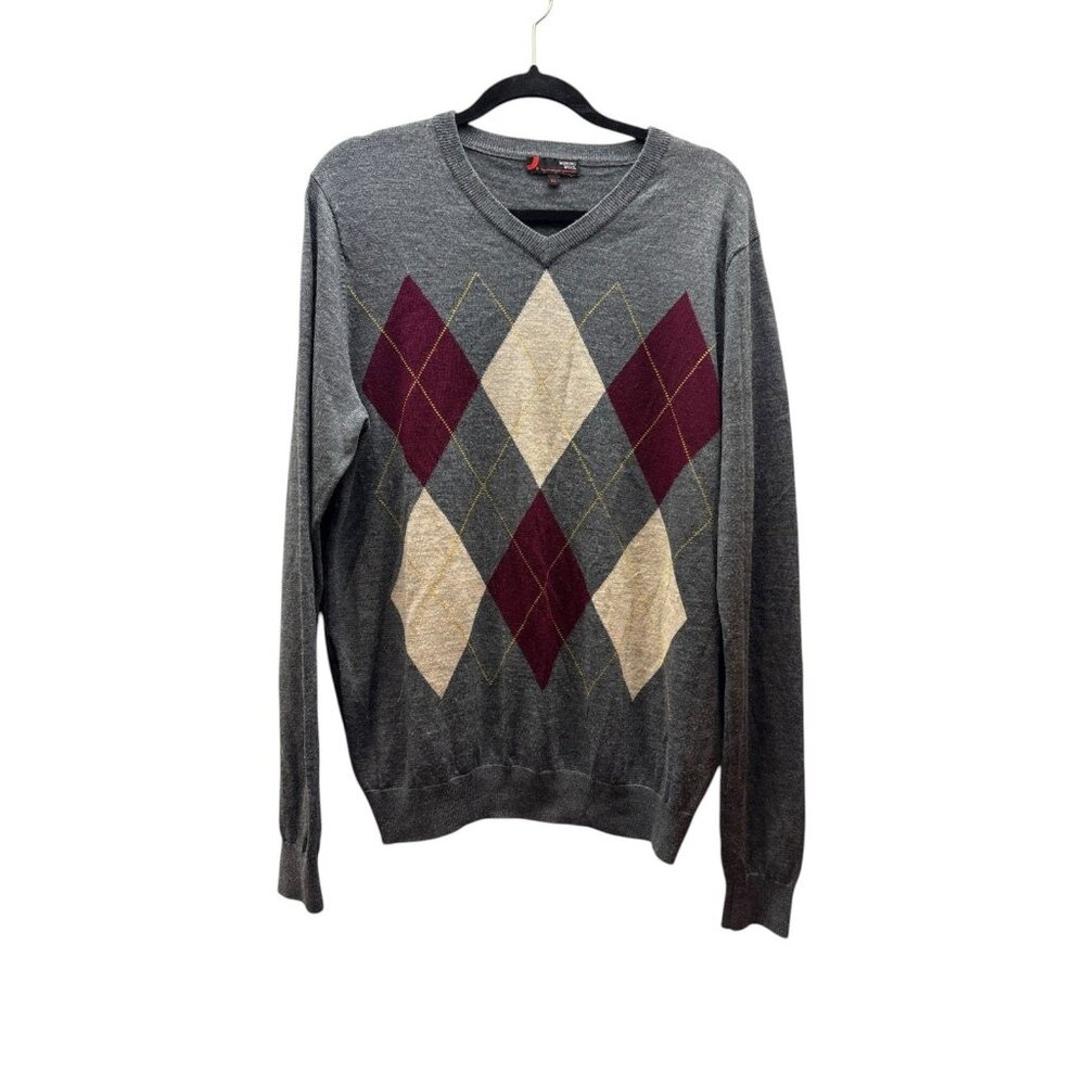 Dressman Vintage V-Neck Merino Wool Gray Burgundy & Tan XL Sweater READ